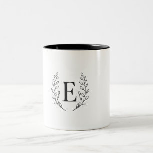 Caneca De Café Em Dois Tons Elegante Monograma Inicial E Arte Botânica em Linh