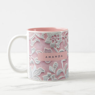 Caneca De Café Em Dois Tons Elegante Personalizado Flor de Renda Rosa Suave