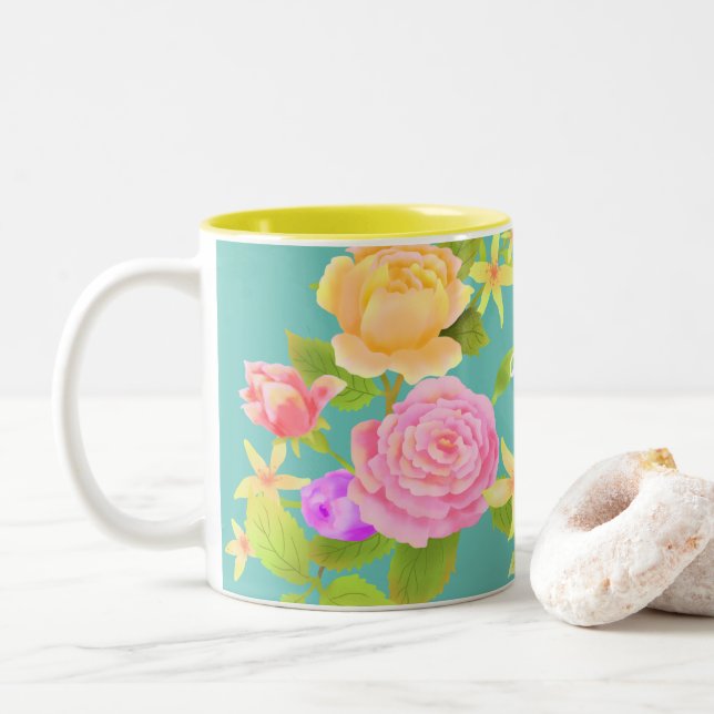 Caneca De Café Em Dois Tons Elegante Rosa Aqua (Com Donut)