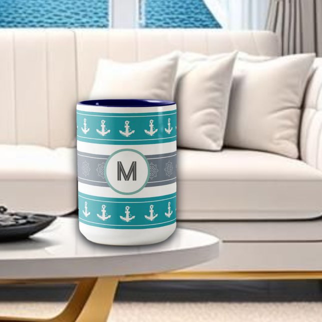 Caneca De Café Em Dois Tons Elementos Náuticos para Barcos de Padrões (Criador carregado)