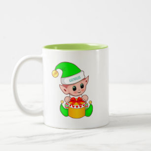 Caneca De Café Em Dois Tons Elf de Natal bonito e texto de gênio editável