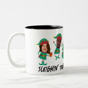 Caneca De Café Em Dois Tons Elf de Natal Personalizado Com Rosto Engraçado