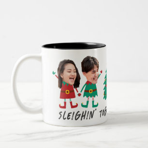 Caneca De Café Em Dois Tons Elf de Natal Personalizado Com Rosto Engraçado