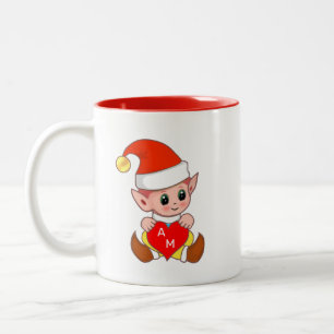 Caneca De Café Em Dois Tons Elf namorados com coração e monograma