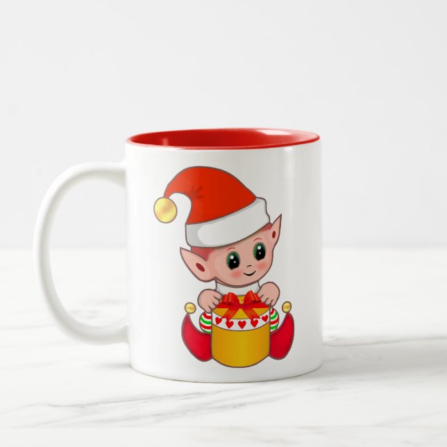 Caneca De Café Em Dois Tons Elfo de Natal bonito com caixa de presentes (Esquerda)