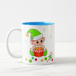 Caneca De Café Em Dois Tons Elfo de Natal verde, flocos de neve e bolas de Nat