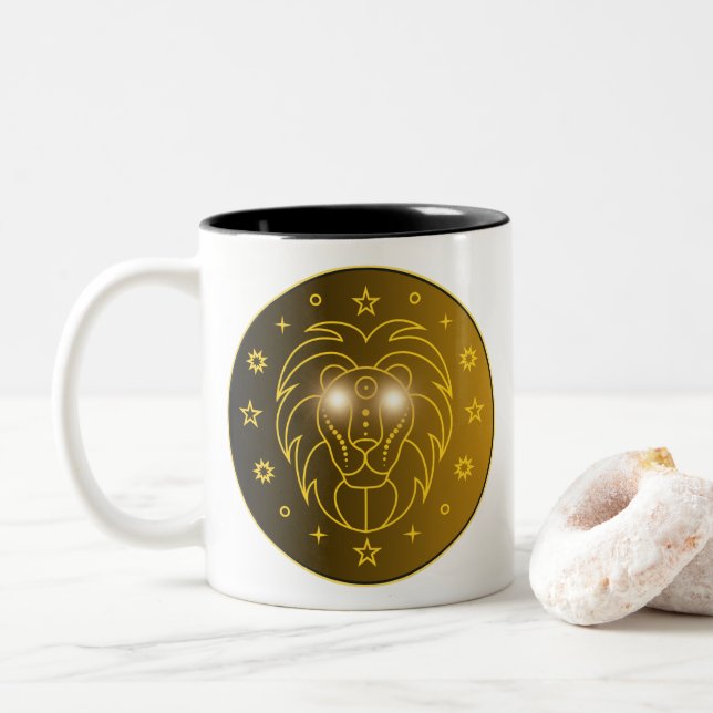 Caneca De Café Em Dois Tons Emblema do Zodíaco Leão | Símbolo Celestial Minima (Com Donut)