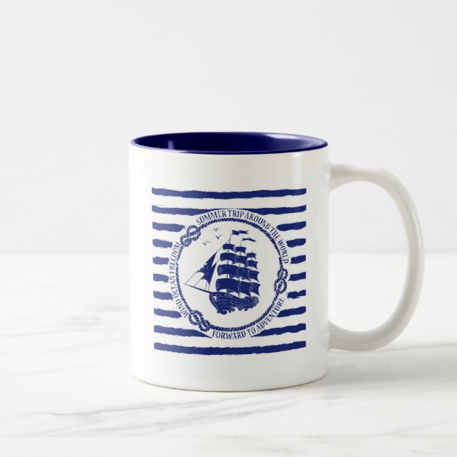 Caneca De Café Em Dois Tons Emblema náutico com navio de navigação (Direita)