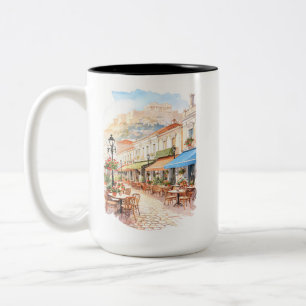Caneca De Café Em Dois Tons Encantadora Atenas Grécia Rua Aquarela