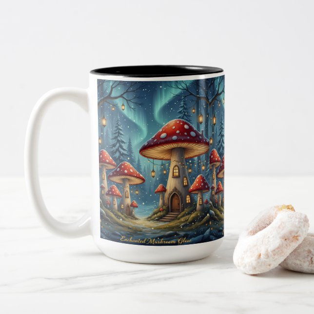 Caneca De Café Em Dois Tons  Enchanted Mushroom Glow Mug – Magical Fairy Fores (Com Donut)
