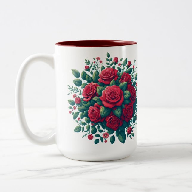 Caneca De Café Em Dois Tons Ênfase Vermelha com Padrão Rosa vermelha (Esquerda)