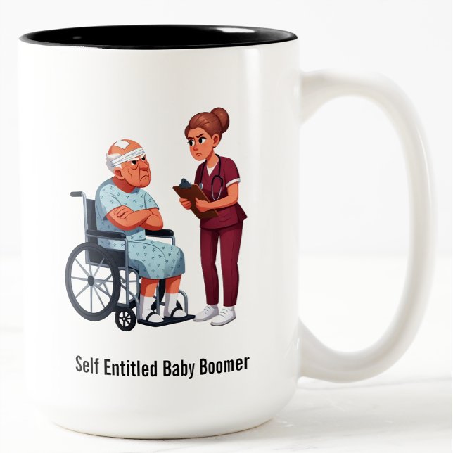 Caneca De Café Em Dois Tons Enfermeira Lidando com Paciente Idoso Egoísta (Criador carregado)
