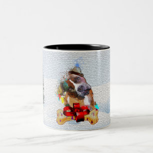 Caneca De Café Em Dois Tons Engraçado, Cachorro Pittie Fofo Latindo no Natal