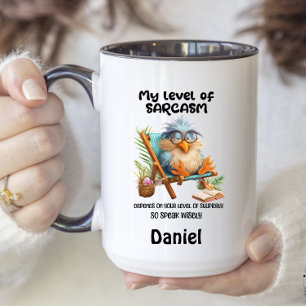 Caneca De Café Em Dois Tons Engraçado Citação de Pássaro Meu Nível de Sarcasmo