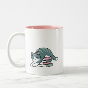 Caneca De Café Em Dois Tons Enrolados com um Livro e um Gato - Leitura de Gato