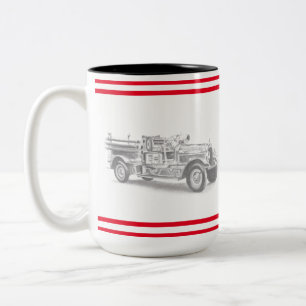 Caneca De Café Em Dois Tons esboço a lápis de caminhão de bombeiros antigo des
