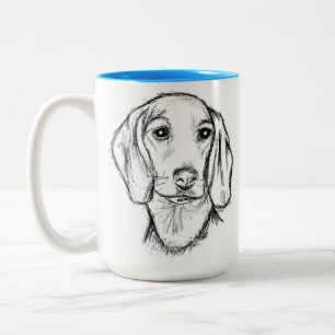 Caneca De Café Em Dois Tons esboço desenhado à mão de cachorro dachshund preto