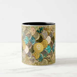 Caneca De Café Em Dois Tons Escamas Marinhas de Sereia Glamour Costeiro Monogr