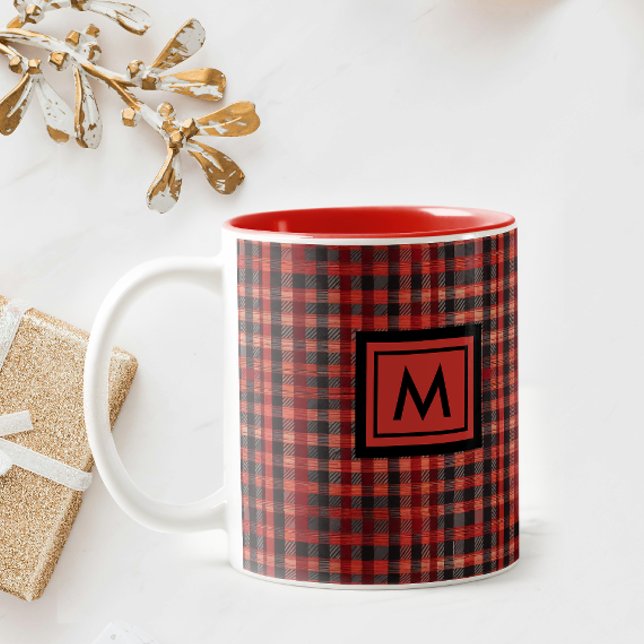 Caneca De Café Em Dois Tons Escocês Red Gingham Tartan Patteran Monograma (Criador carregado)