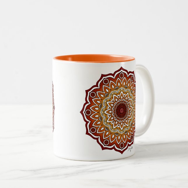 Caneca De Café Em Dois Tons Espiral Laranja e Castanho e Mandala Floral (Frente Esquerda)