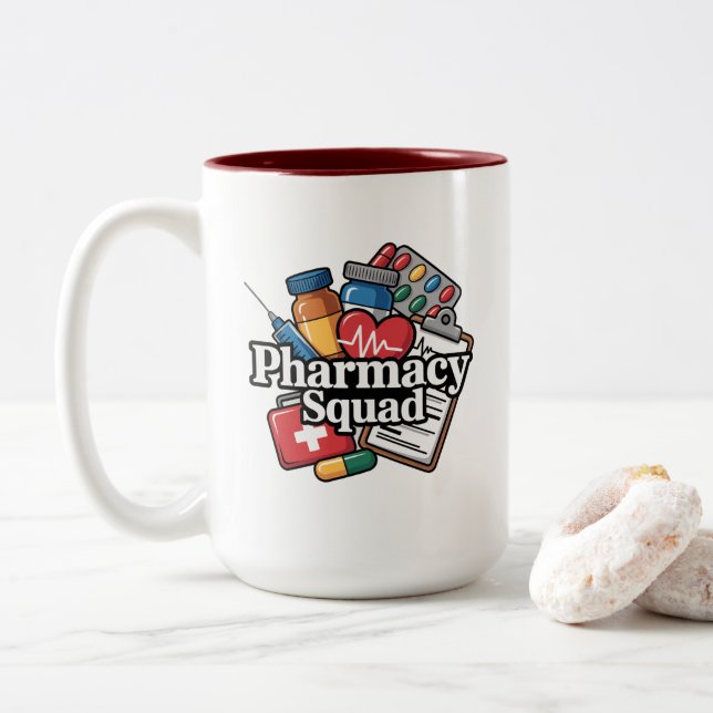 Caneca De Café Em Dois Tons 'Esquadrão da Farmácia'. (Com Donut)