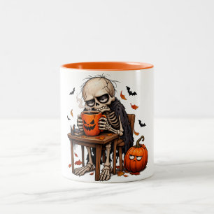 Caneca De Café Em Dois Tons Esqueleto Bebendo em Caneca de Abóbora de Hallowee