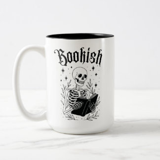 Caneca De Café Em Dois Tons Esqueleto Literário Halloween Leitura Gótica