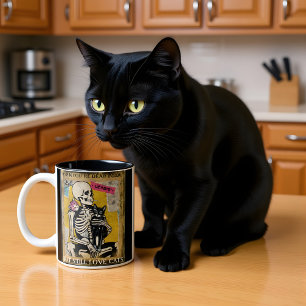 Caneca De Café Em Dois Tons Esqueleto Segurando Estilo Poster de Cat