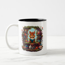 Caneca De Café Em Dois Tons Esquilo Lendo Em Uma Prateleira De Livros Antiga