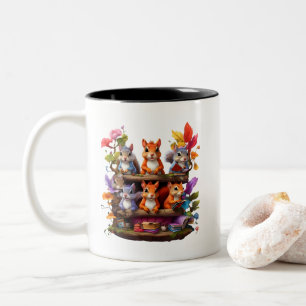Caneca De Café Em Dois Tons Esquilos Em Uma Estante De Madeira