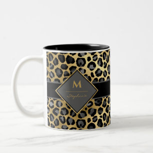 Caneca De Café Em Dois Tons Estampa de leopardo com monograma moderno   Preto 