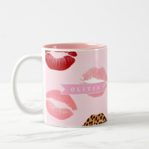 Caneca De Café Em Dois Tons Estampa de Leopardo Rosa Chic Personalizada no Láb