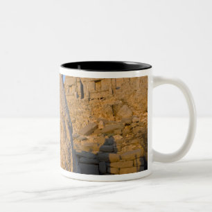 Caneca De Café Em Dois Tons estátuas de cabeças colossais de Deuses guardando