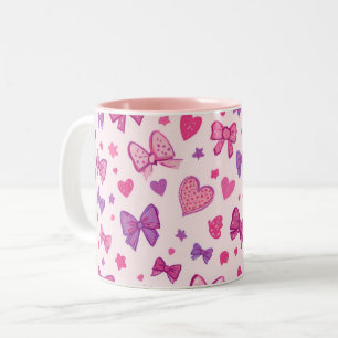 Caneca De Café Em Dois Tons Estilo Coquete Rosa Roxo Laço & Coração Padrão