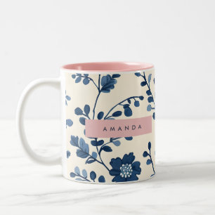 Caneca De Café Em Dois Tons Estilo de Vinha Floral Azul Personalizado