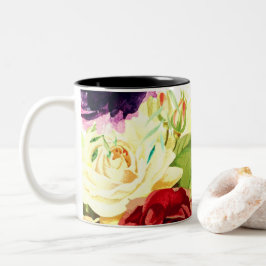 Caneca De Café Em Dois Tons Estilo de Vintage Flores de Grande Aquarela