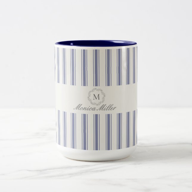 Caneca De Café Em Dois Tons Estilo francês azul listrado (Centro)