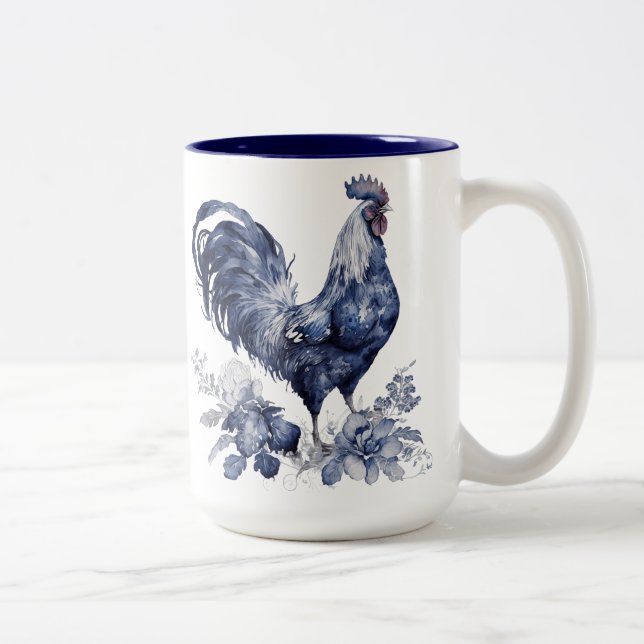 Caneca De Café Em Dois Tons Estilo Willow Azul "Rooster" Personalizado (Direita)