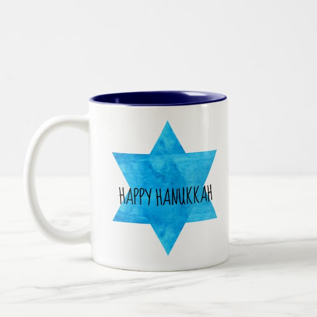 Caneca De Café Em Dois Tons Estrela Azul de Água de David Happy Hanukkah (Esquerda)