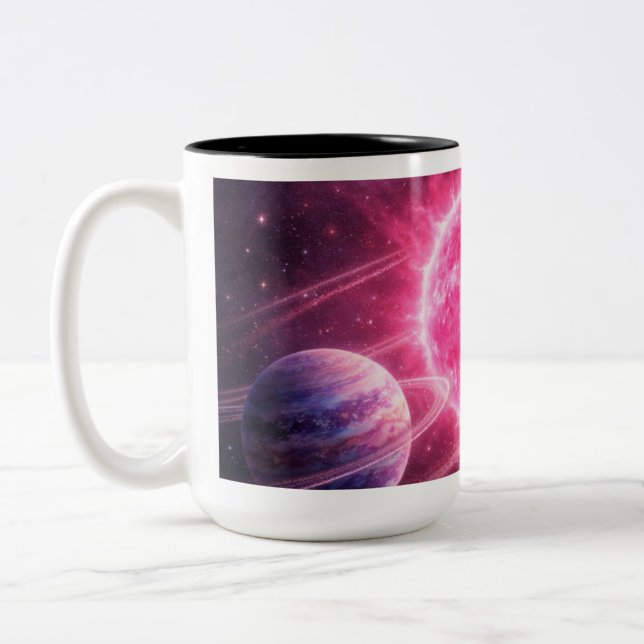 Caneca De Café Em Dois Tons Estrela Rosa com Dois Planetas em Órbita (Esquerda)