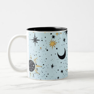Caneca De Café Em Dois Tons Estrelas de Lua Negra, Dourada e Azul Celestiais