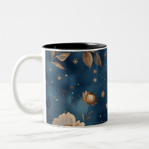 Caneca De Café Em Dois Tons Estrelas E Flores Padrão Floral Design