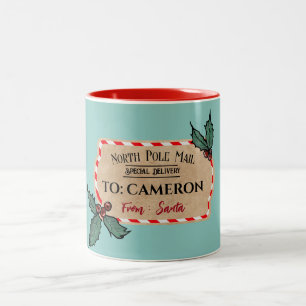 Caneca De Café Em Dois Tons Etiqueta de Vintagem Teal "De Papais noeis" com No