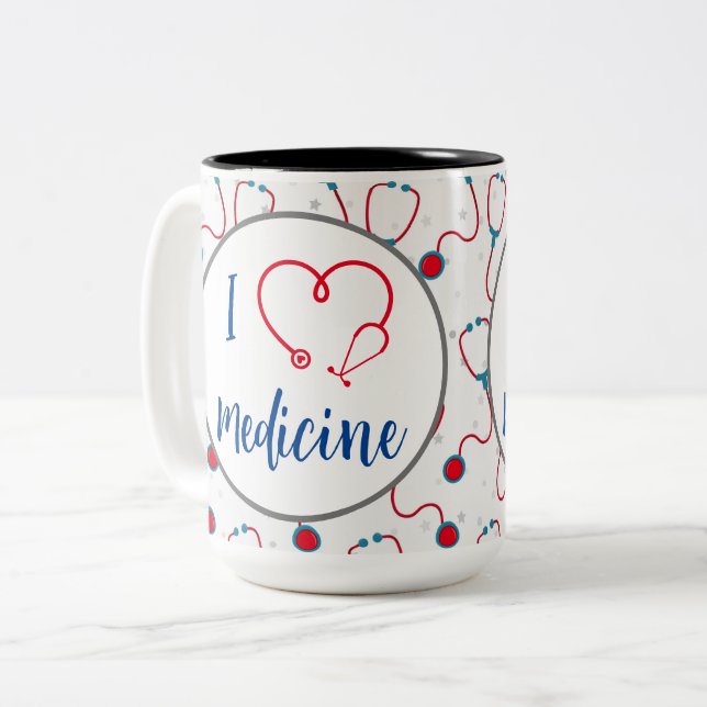 Caneca De Café Em Dois Tons "Eu adoro remédio" presente médico estetoscópico (Frente Esquerda)