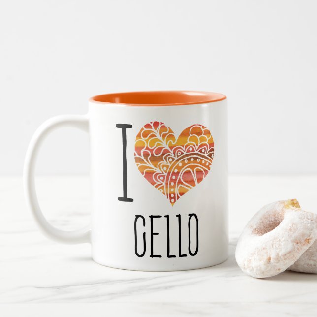 Caneca De Café Em Dois Tons Eu Amo Cello Orange Mandala Heart (Com Donut)