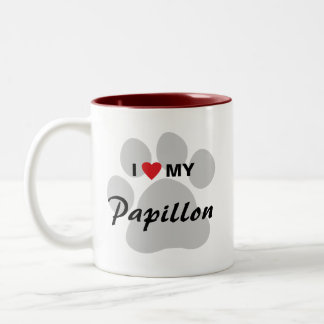 Caneca De Café Em Dois Tons Eu amo (coração) meu Papillon Pawprint