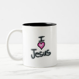 Caneca De Café Em Dois Tons Eu amo Jesus Eu amo Jesus com Coração Rosa