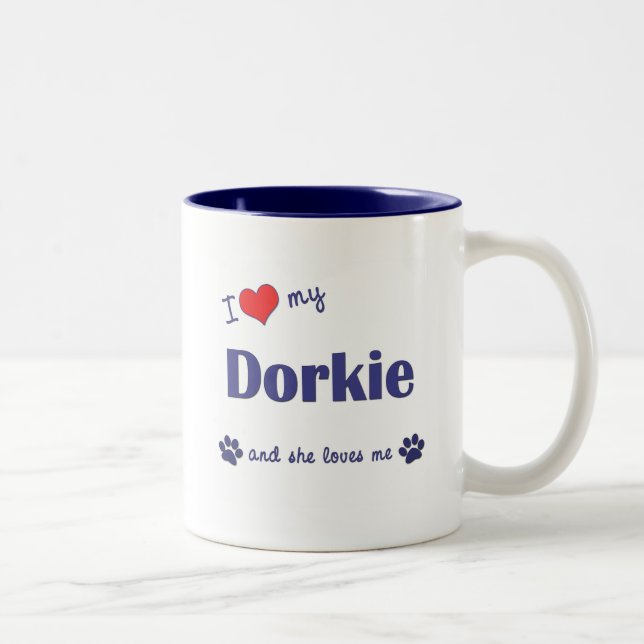 Caneca De Café Em Dois Tons Eu amo meu Dorkie (o cão fêmea) (Direita)