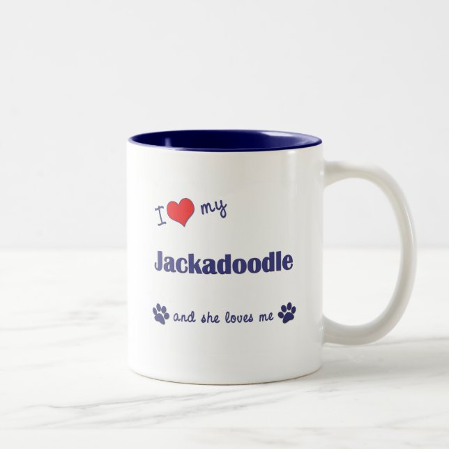 Caneca De Café Em Dois Tons Eu amo meu Jackadoodle (o cão fêmea) (Direita)