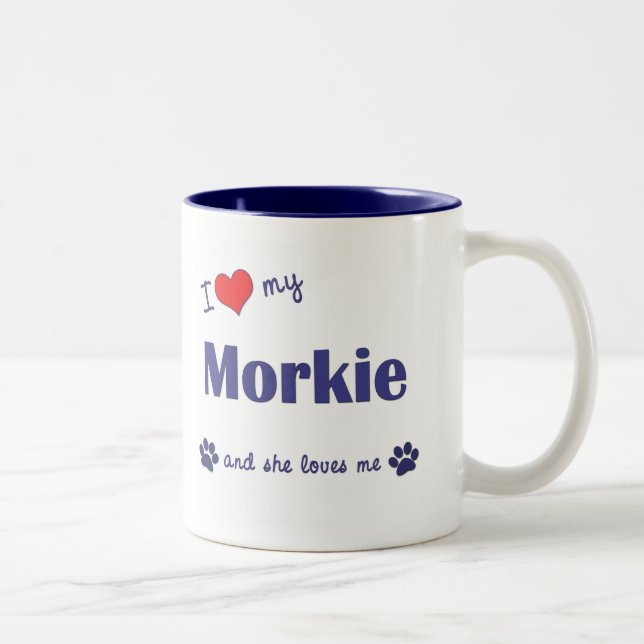 Caneca De Café Em Dois Tons Eu amo meu Morkie (o cão fêmea) (Direita)